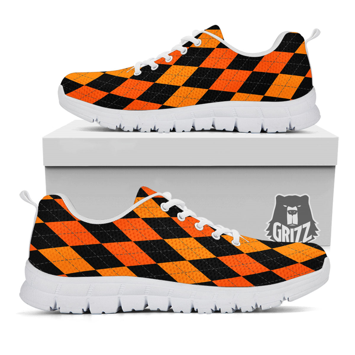 Argyle Black And Orange Print Pattern White Sneaker-grizzshop