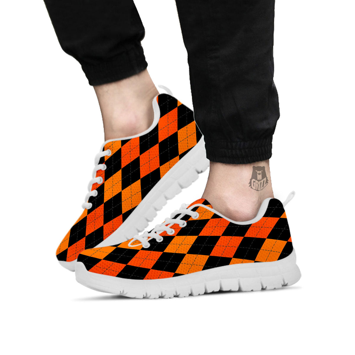 Argyle Black And Orange Print Pattern White Sneaker-grizzshop