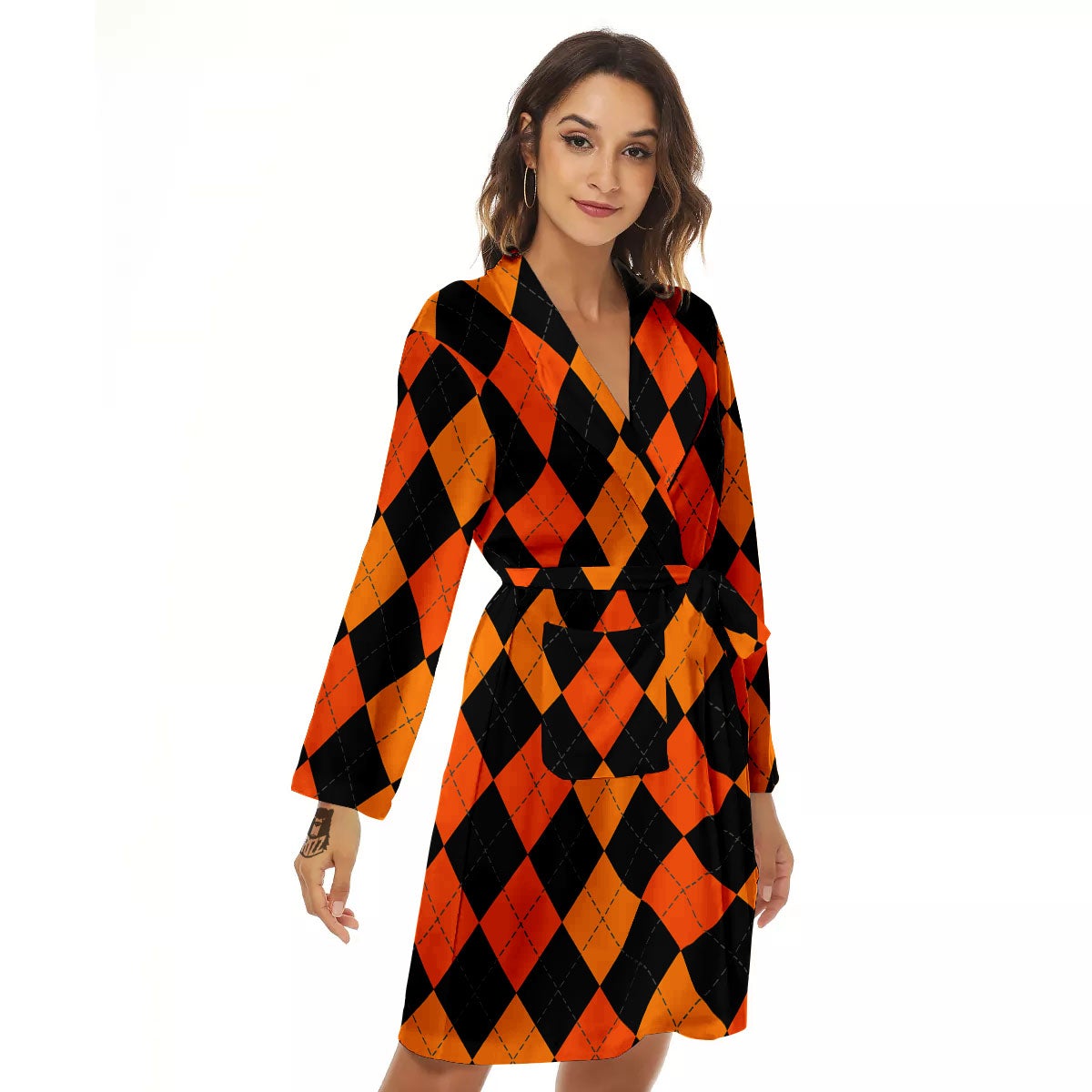 Argyle Black And Orange Print Pattern Women's Robe-grizzshop