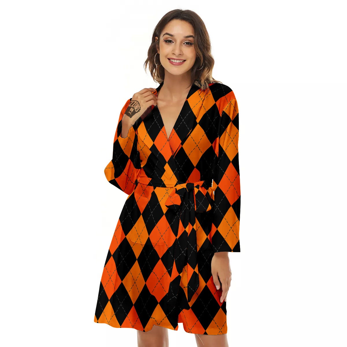 Argyle Black And Orange Print Pattern Women's Robe-grizzshop