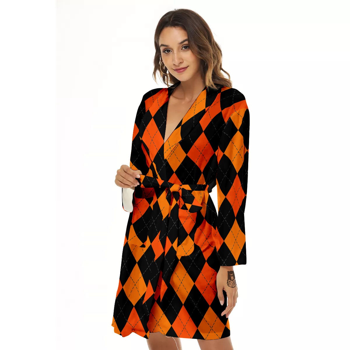 Argyle Black And Orange Print Pattern Women's Robe-grizzshop