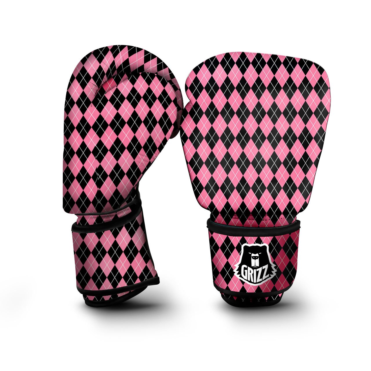 Argyle Black And Pink Print Pattern Boxing Gloves-grizzshop