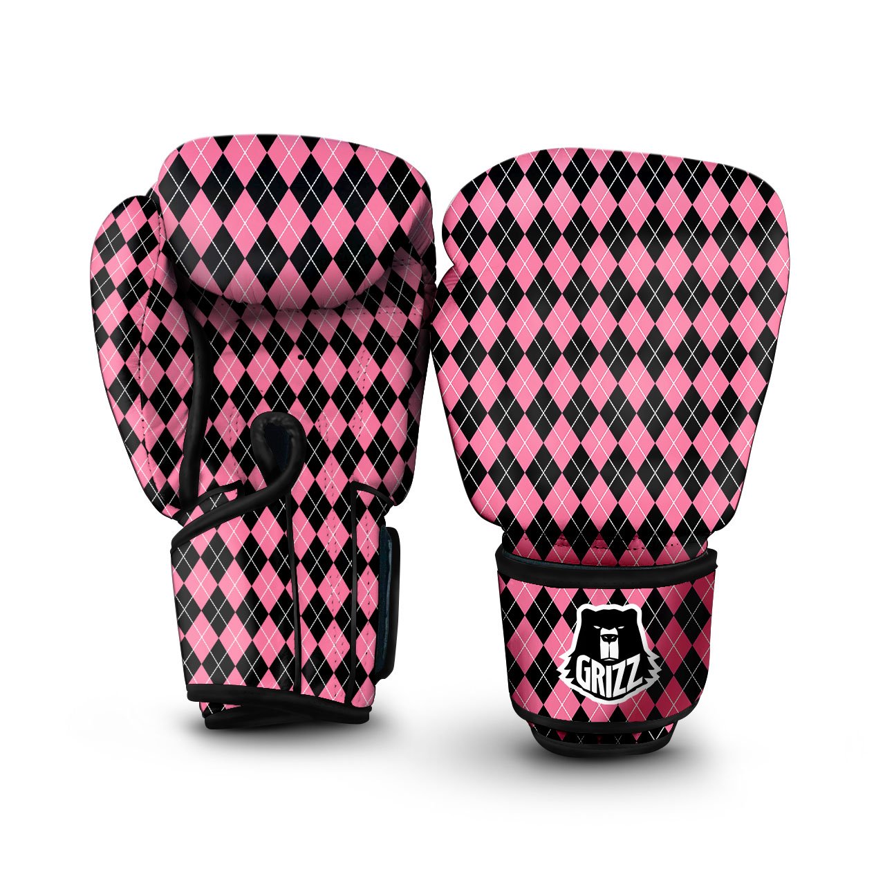 Argyle Black And Pink Print Pattern Boxing Gloves-grizzshop