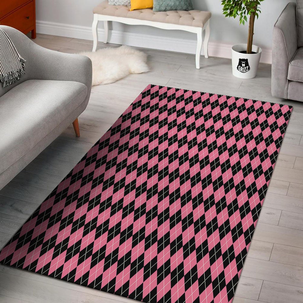 Argyle Black And Pink Print Pattern Floor Mat-grizzshop