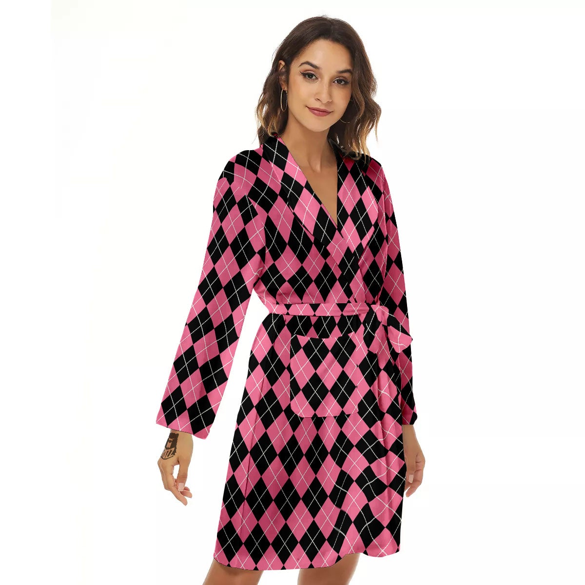 Argyle Black And Pink Print Pattern Women's Robe-grizzshop