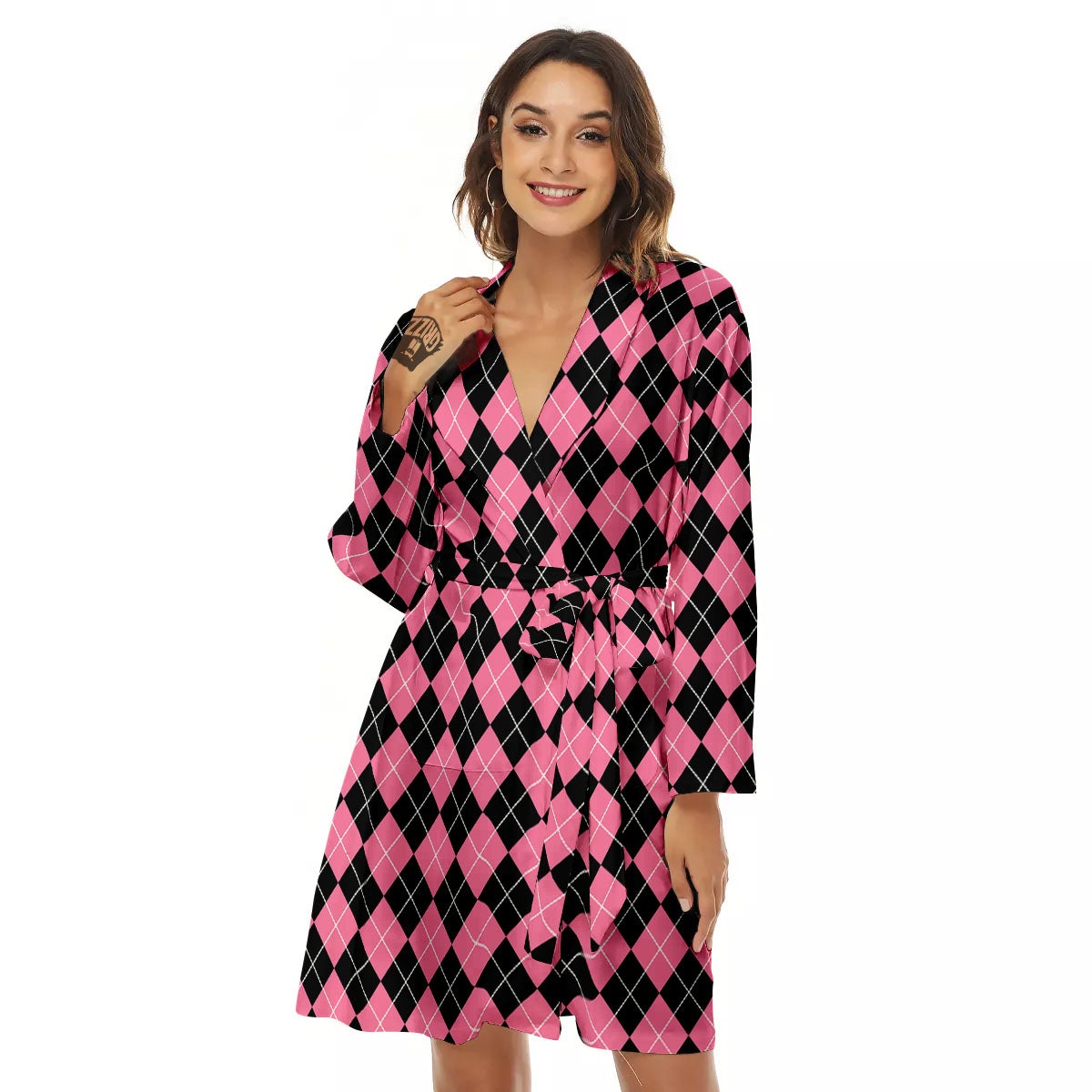 Argyle Black And Pink Print Pattern Women's Robe-grizzshop