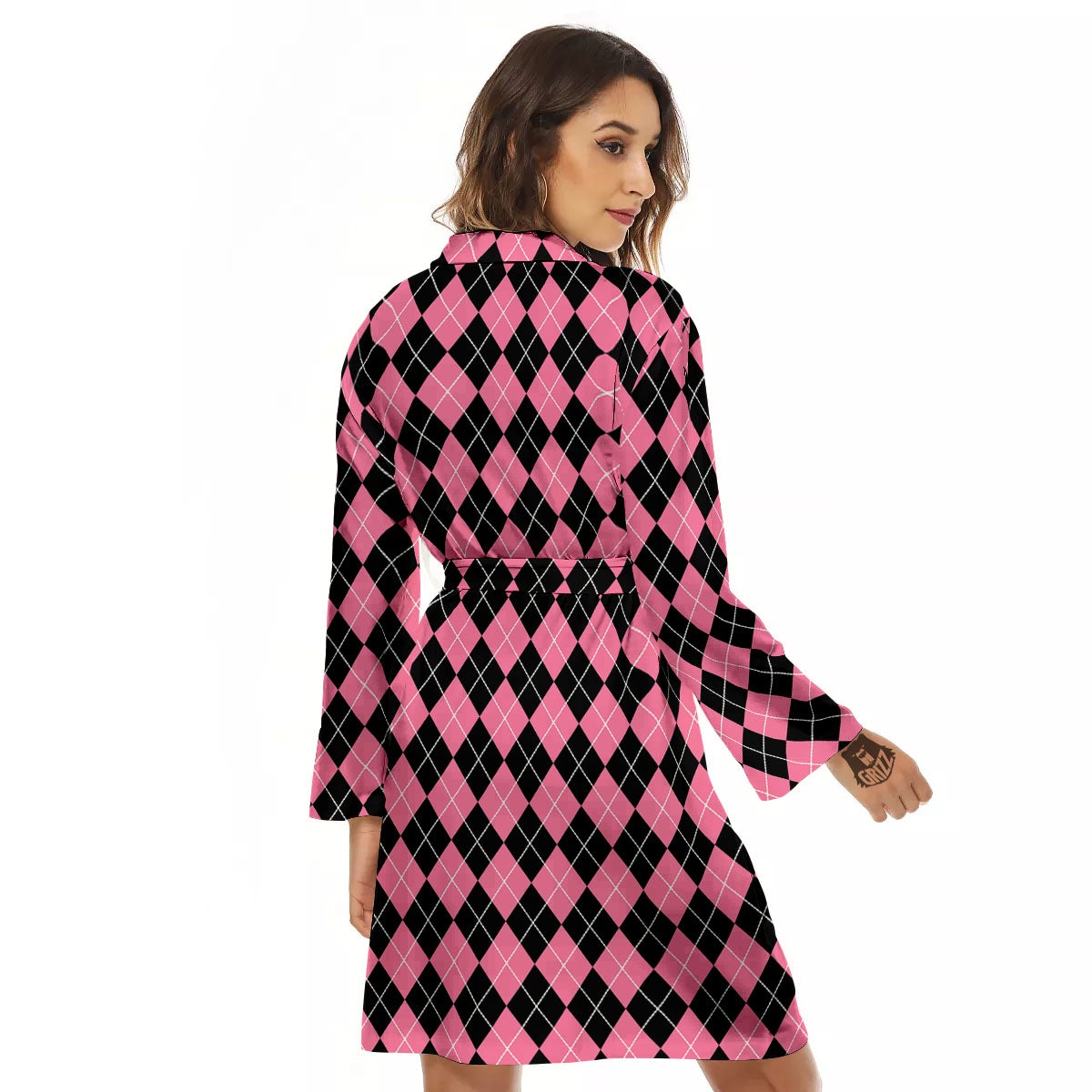 Argyle Black And Pink Print Pattern Women's Robe-grizzshop
