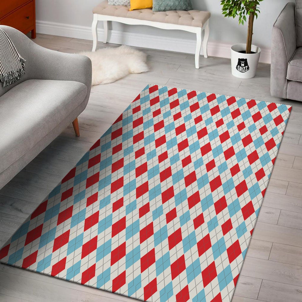 Argyle Blue And Red Print Pattern Floor Mat-grizzshop