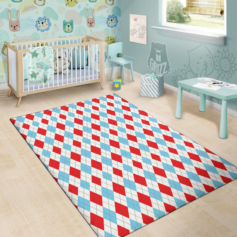 Argyle Blue And Red Print Pattern Floor Mat-grizzshop