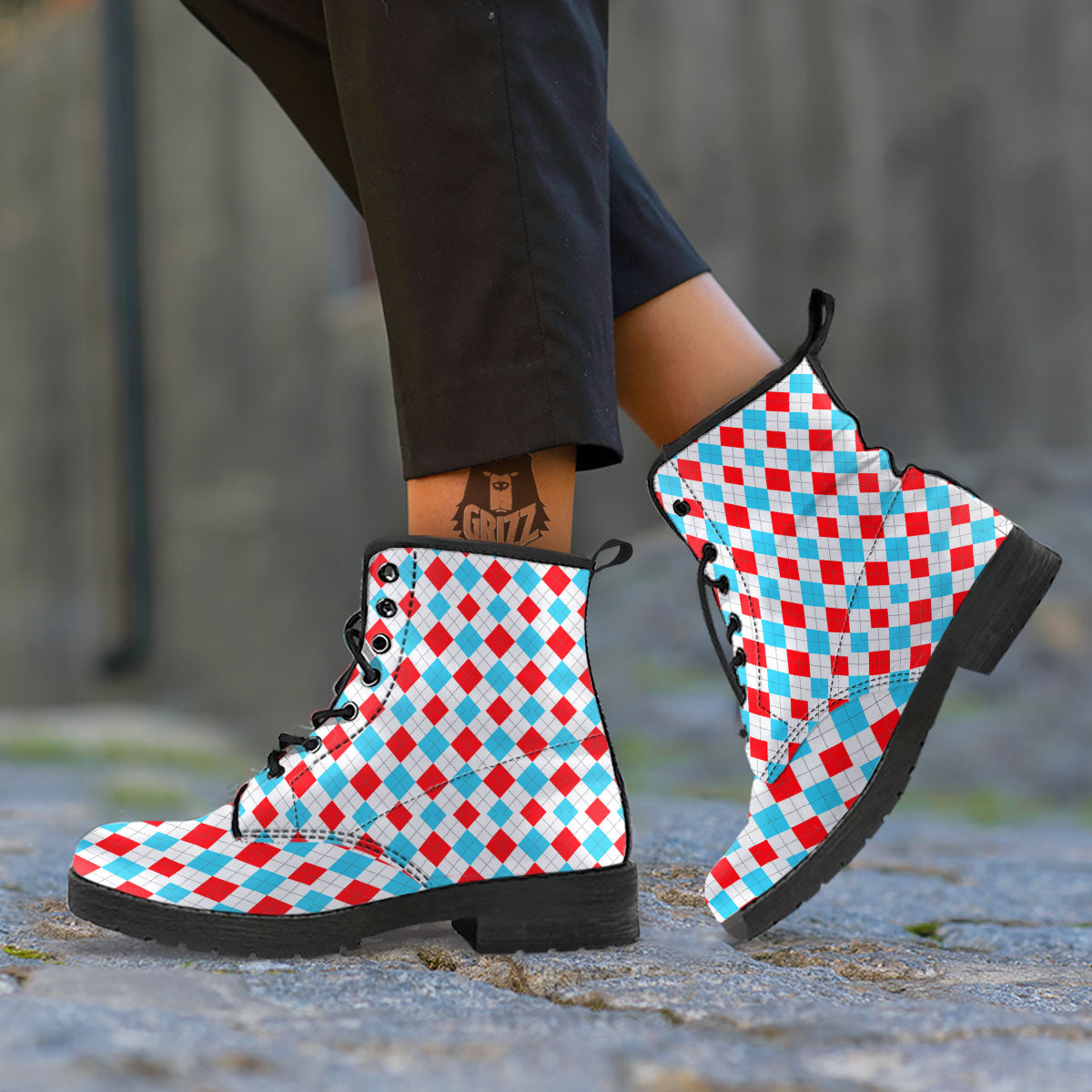 Argyle Blue And Red Print Pattern Leather Boots-grizzshop