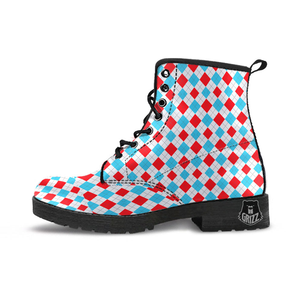 Argyle Blue And Red Print Pattern Leather Boots-grizzshop
