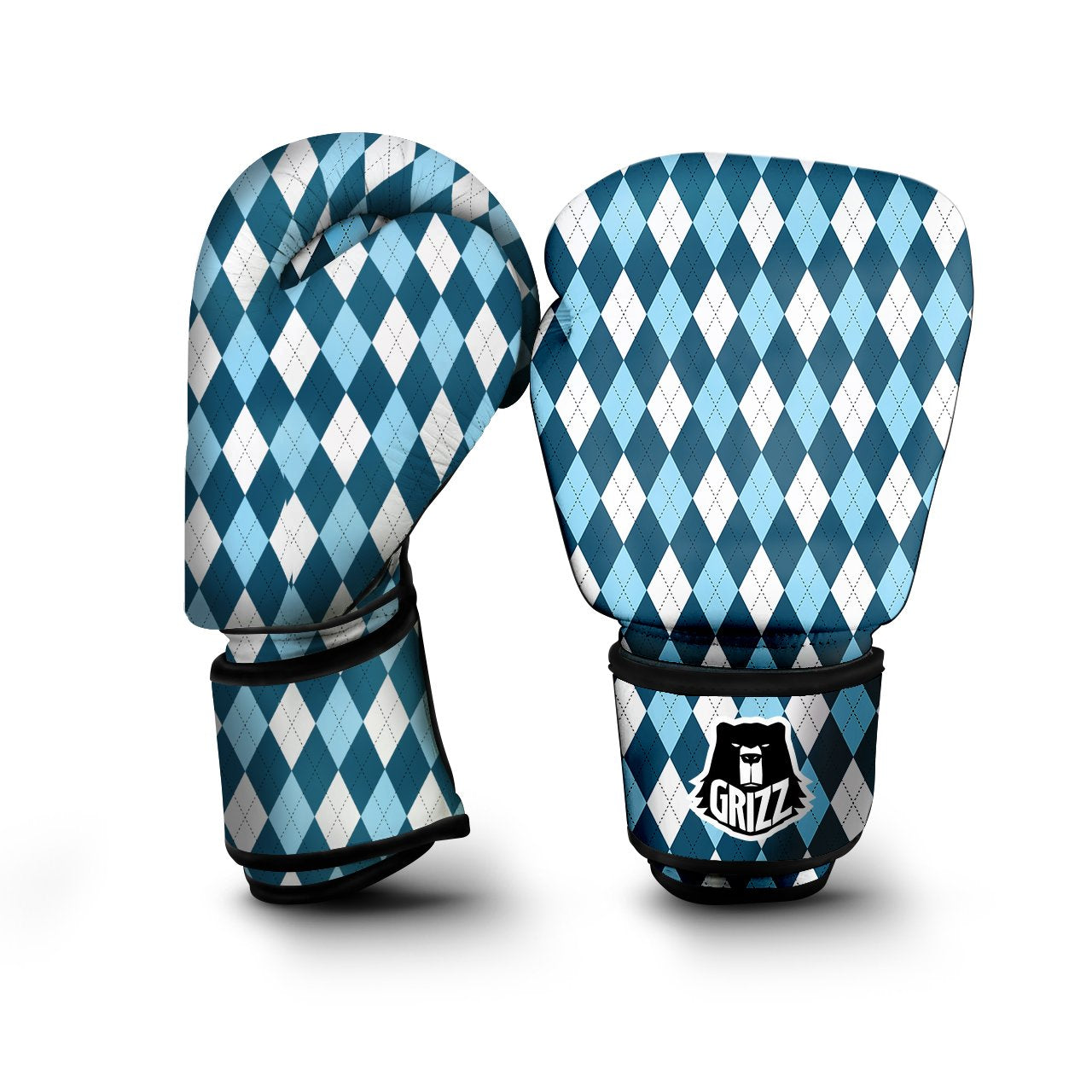 Argyle Blue And White Print Pattern Boxing Gloves-grizzshop