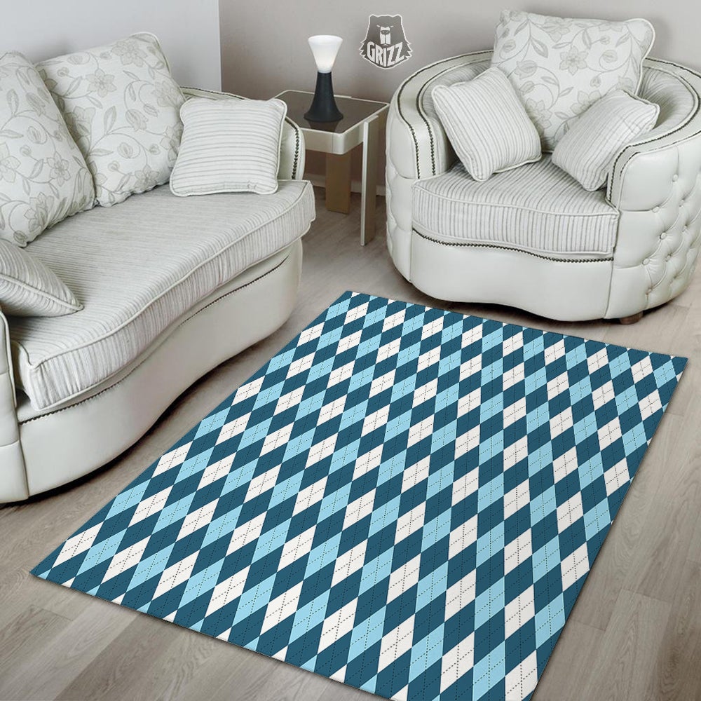Argyle Blue And White Print Pattern Floor Mat-grizzshop