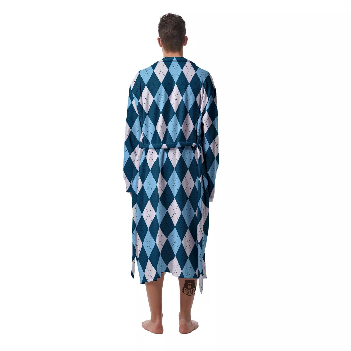 Argyle Blue And White Print Pattern Men's Robe-grizzshop