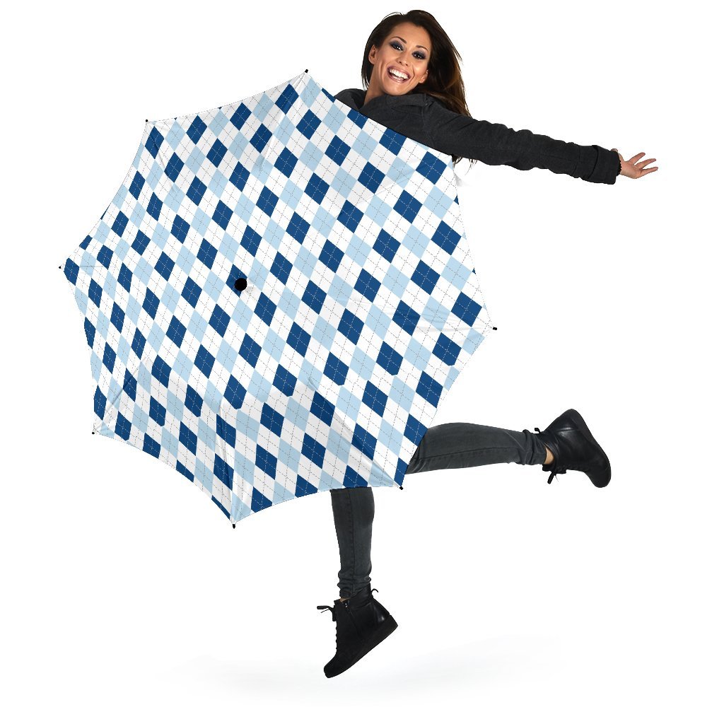 Argyle Blue Pattern Print Automatic Foldable Umbrella-grizzshop