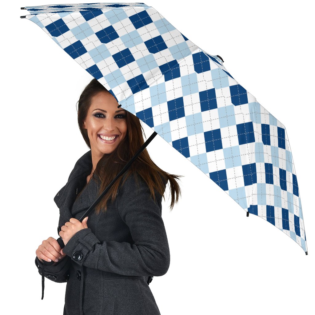 Argyle Blue Pattern Print Automatic Foldable Umbrella-grizzshop