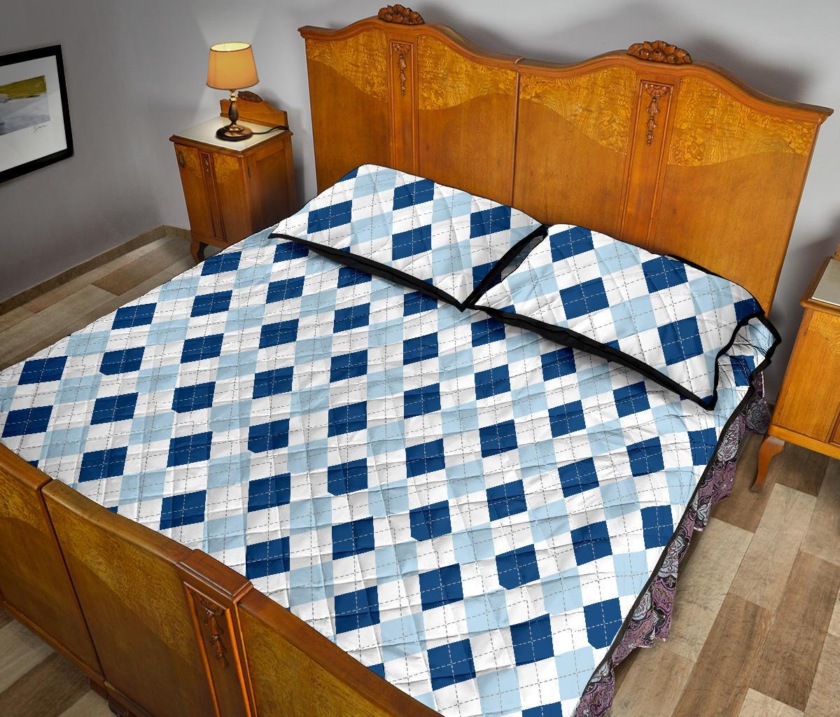 Argyle Blue Pattern Print Bed Set Quilt-grizzshop
