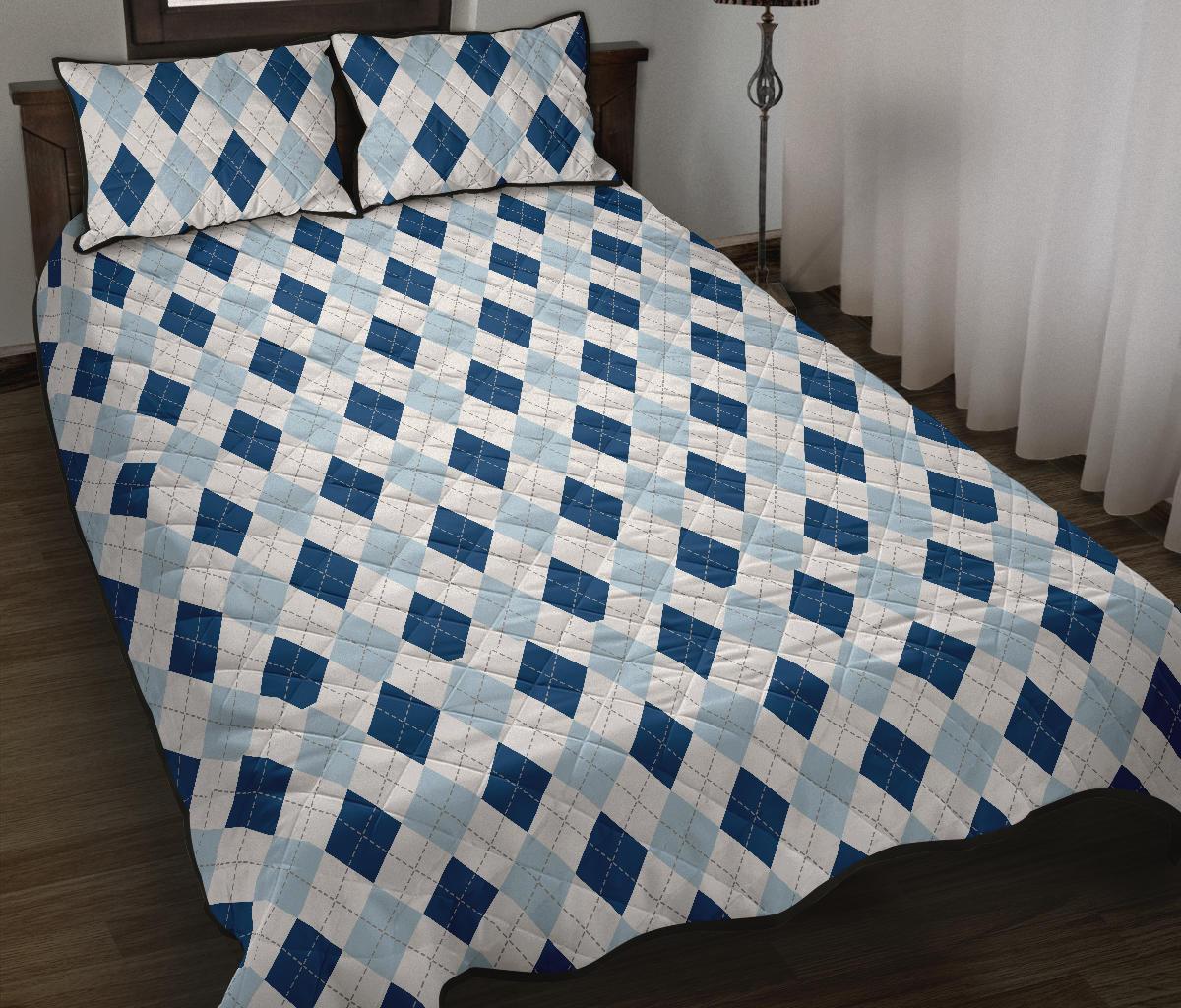 Argyle Blue Pattern Print Bed Set Quilt-grizzshop
