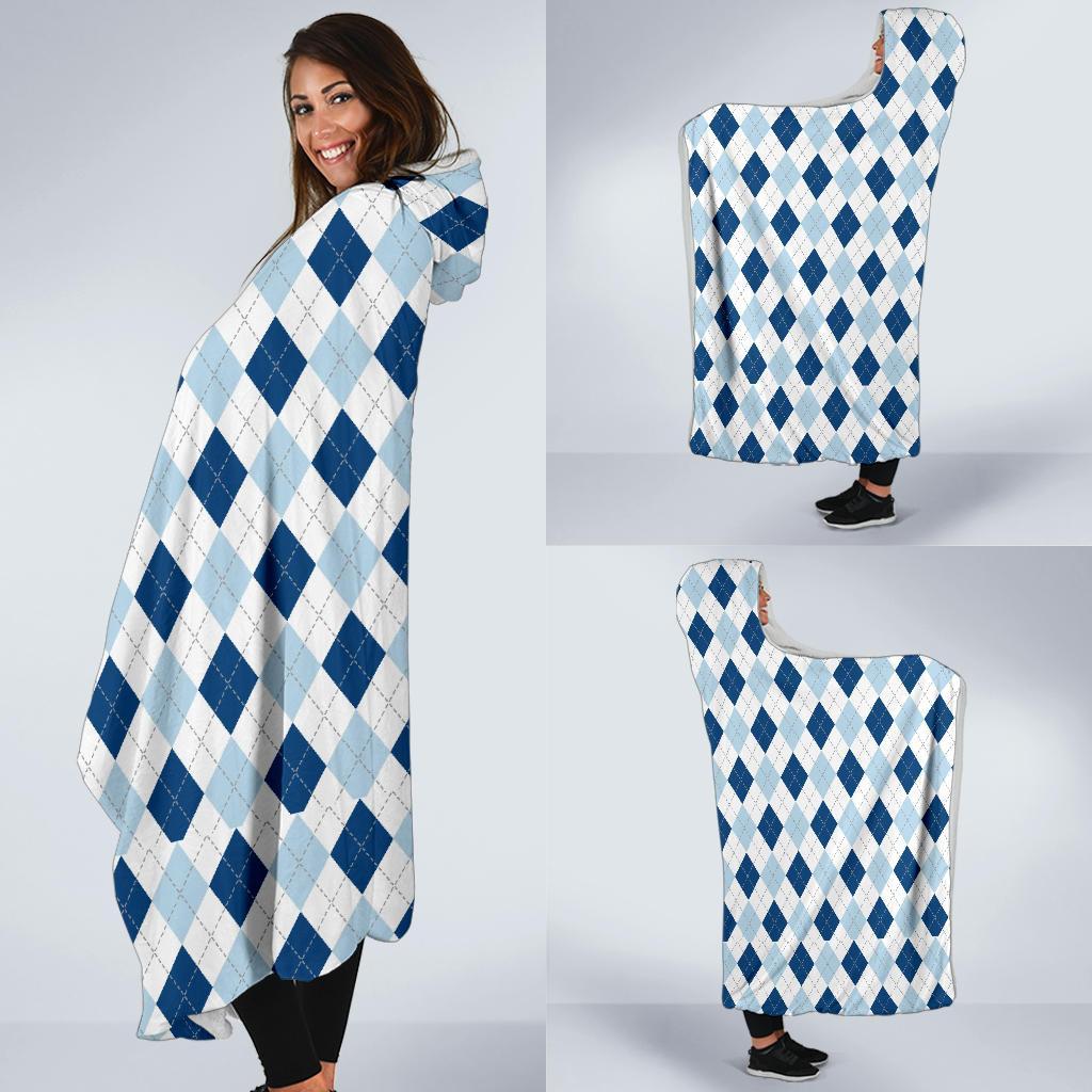 Argyle Blue Pattern Print Hooded Blanket-grizzshop