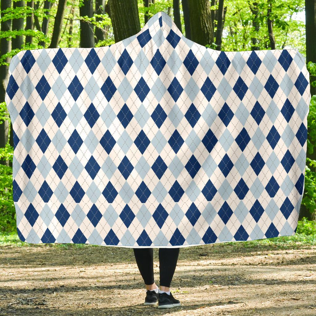 Argyle Blue Pattern Print Hooded Blanket-grizzshop