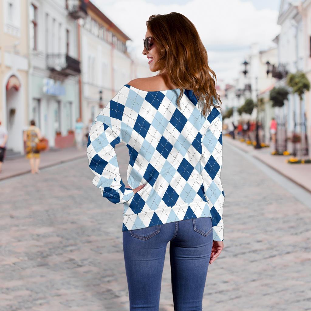 Argyle Blue Pattern Print Women Off Shoulder Sweatshirt-grizzshop