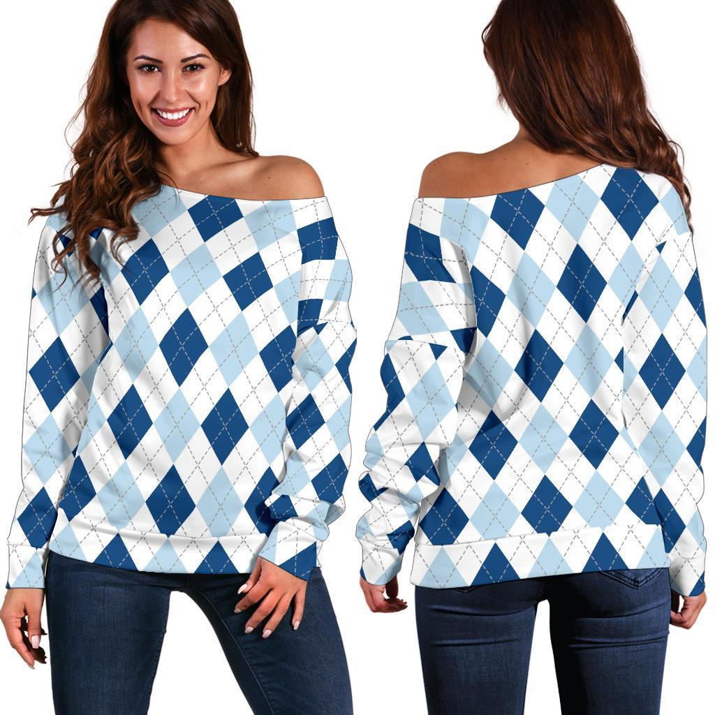 Argyle Blue Pattern Print Women Off Shoulder Sweatshirt-grizzshop