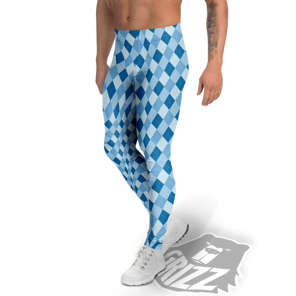 Argyle Blue Print Pattern Men's Leggings-grizzshop