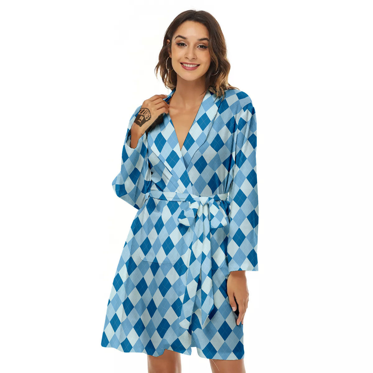 Argyle Blue Print Pattern Women's Robe-grizzshop