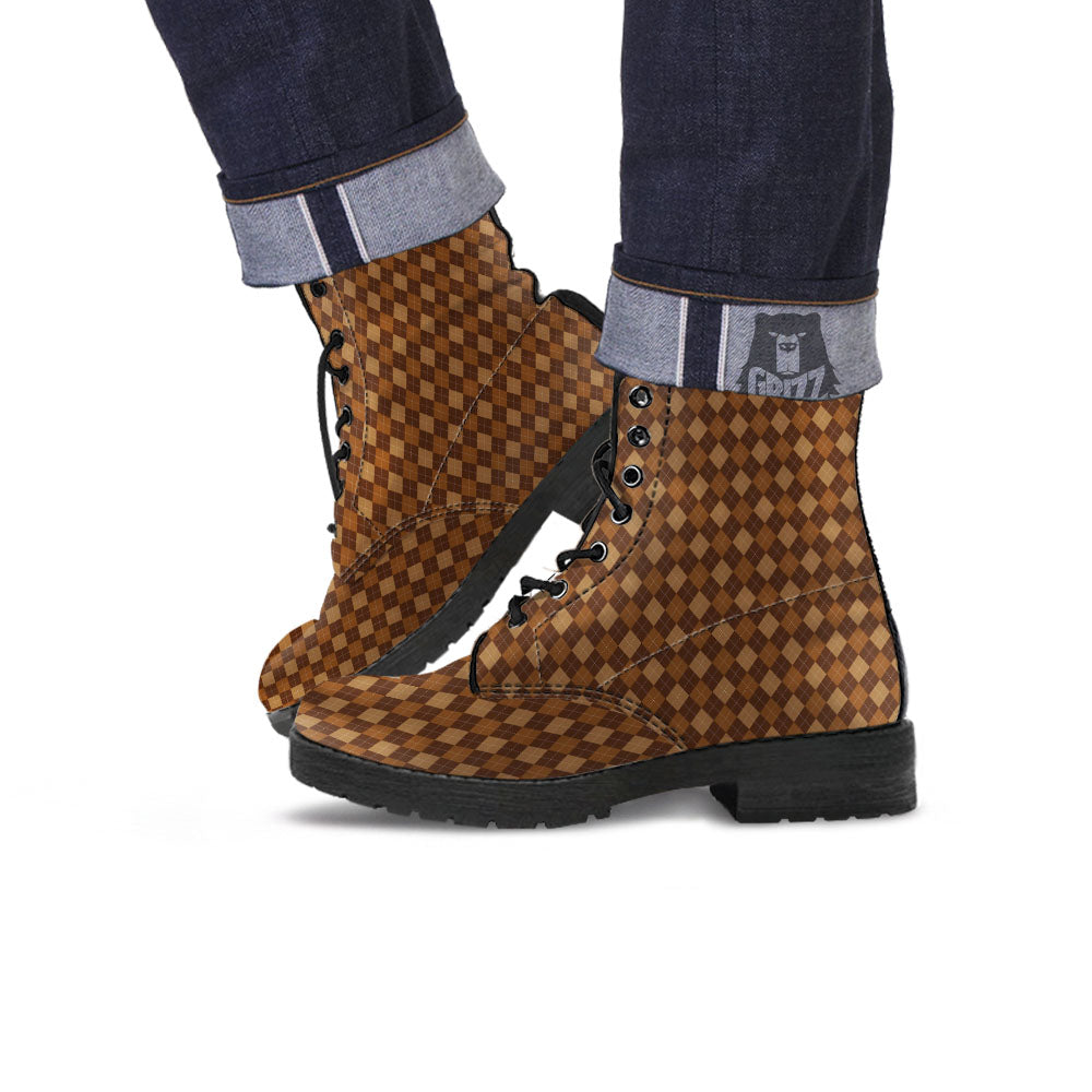 Argyle Brown Print Pattern Leather Boots-grizzshop