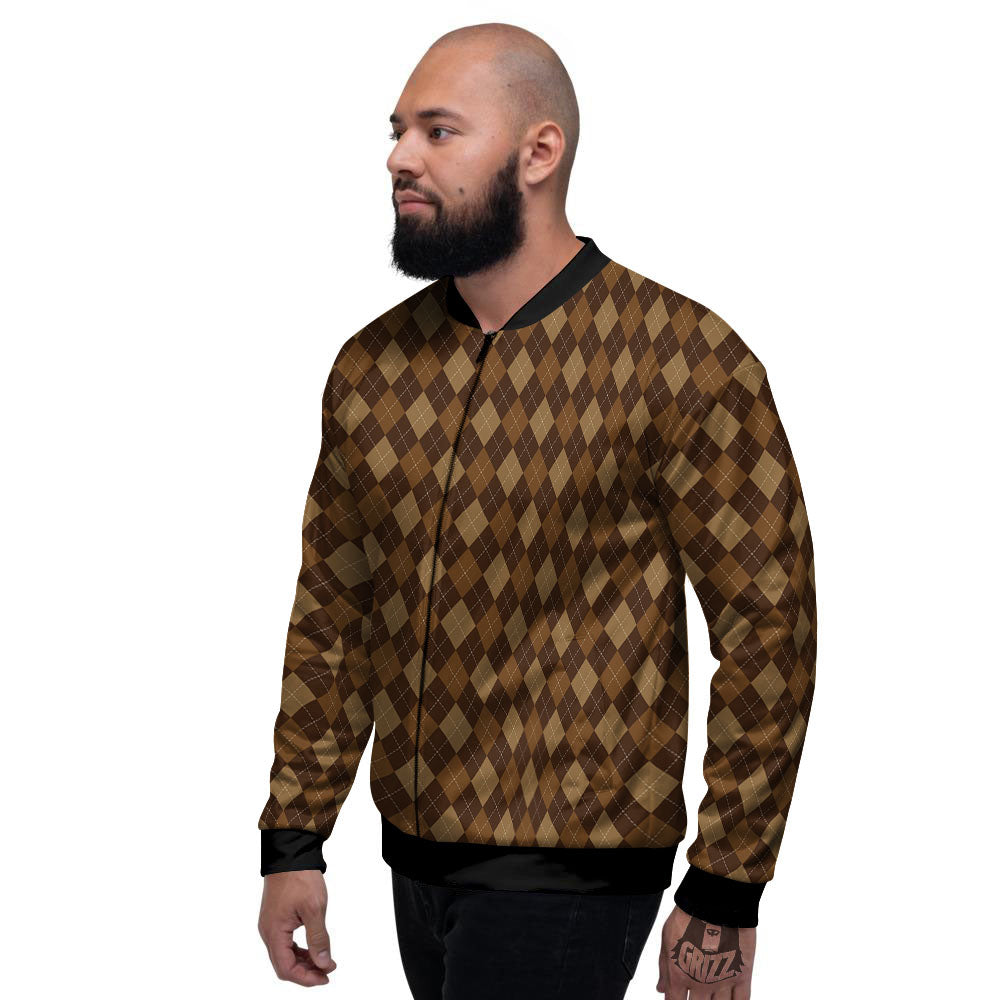 Argyle Brown Print Pattern Men's Bomber Jacket-grizzshop