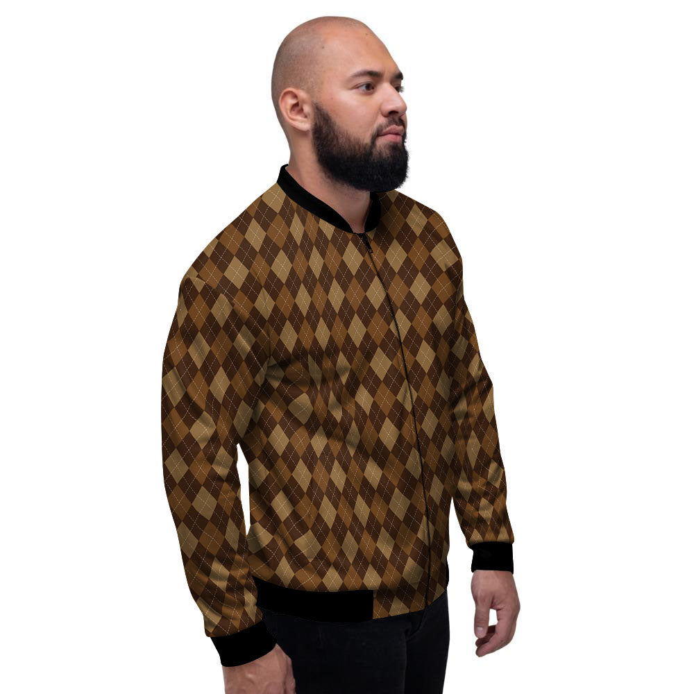 Argyle Brown Print Pattern Men's Bomber Jacket-grizzshop