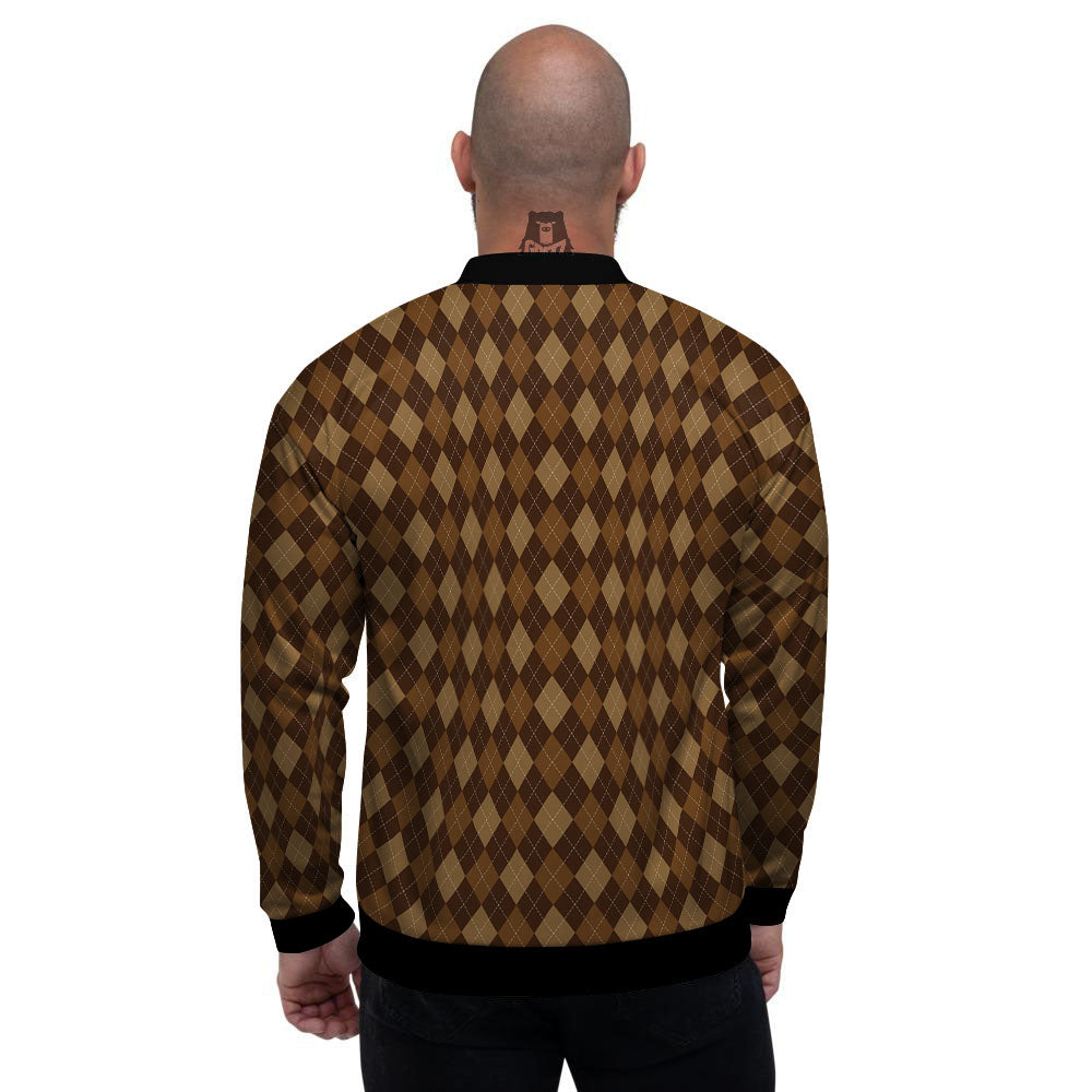 Argyle Brown Print Pattern Men's Bomber Jacket-grizzshop