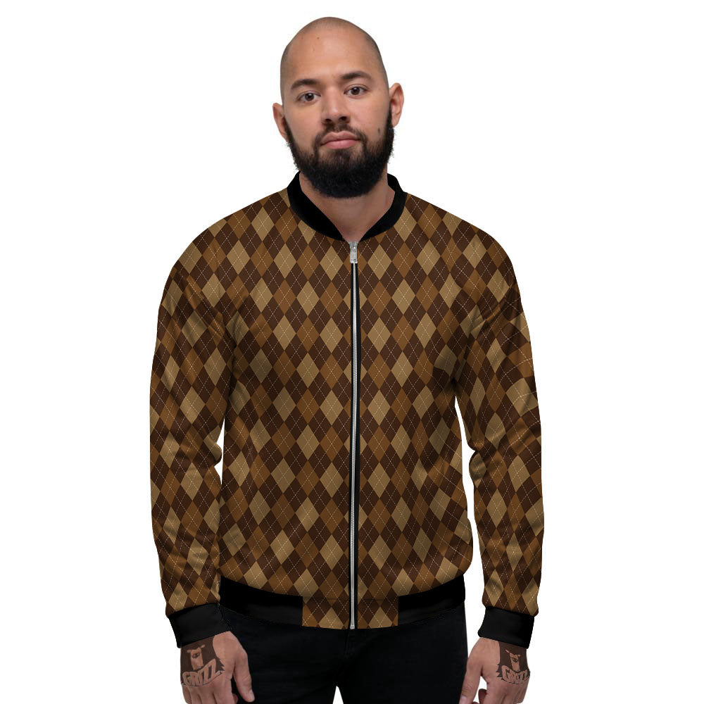 Argyle Brown Print Pattern Men's Bomber Jacket-grizzshop
