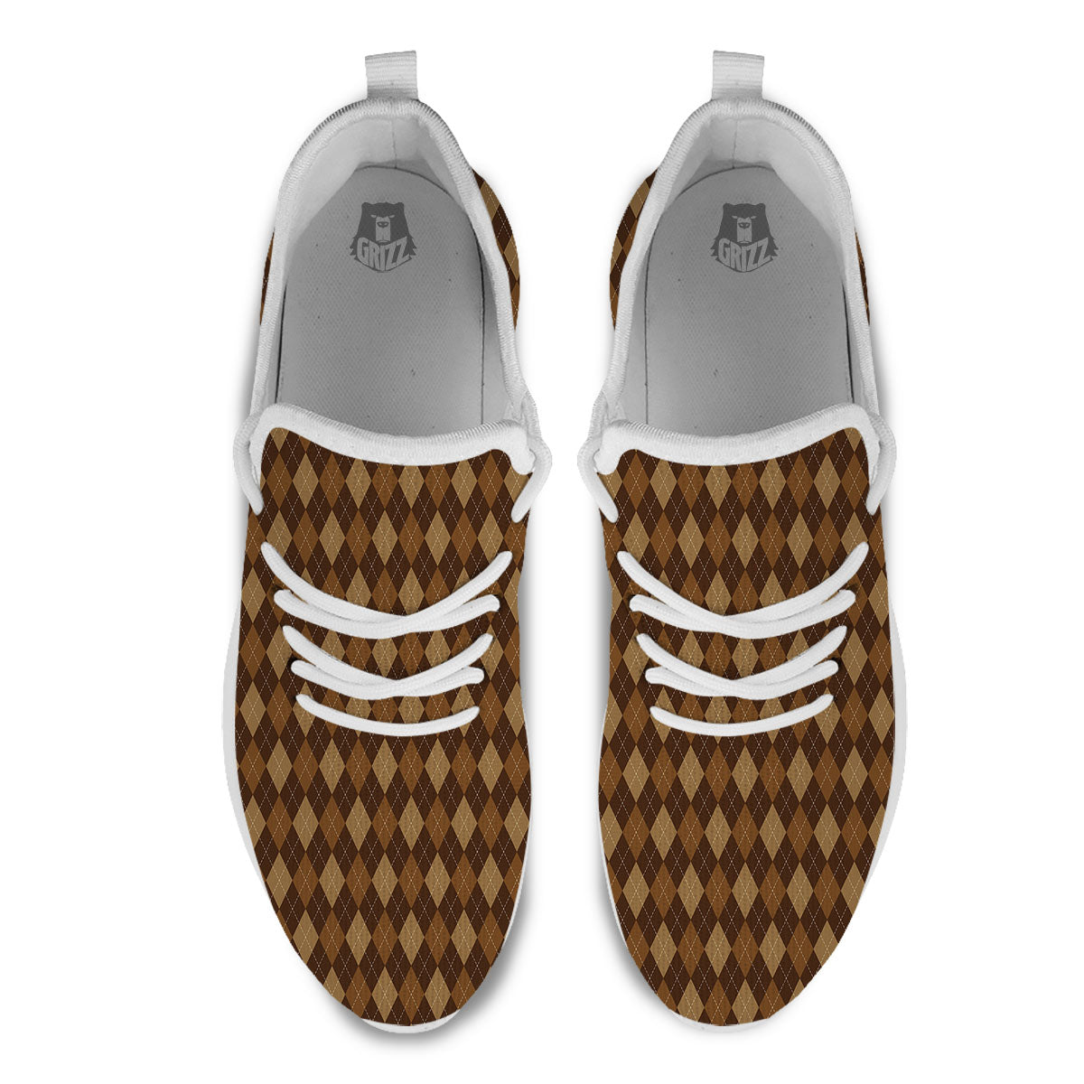 Argyle Brown Print Pattern White Athletic Shoes-grizzshop