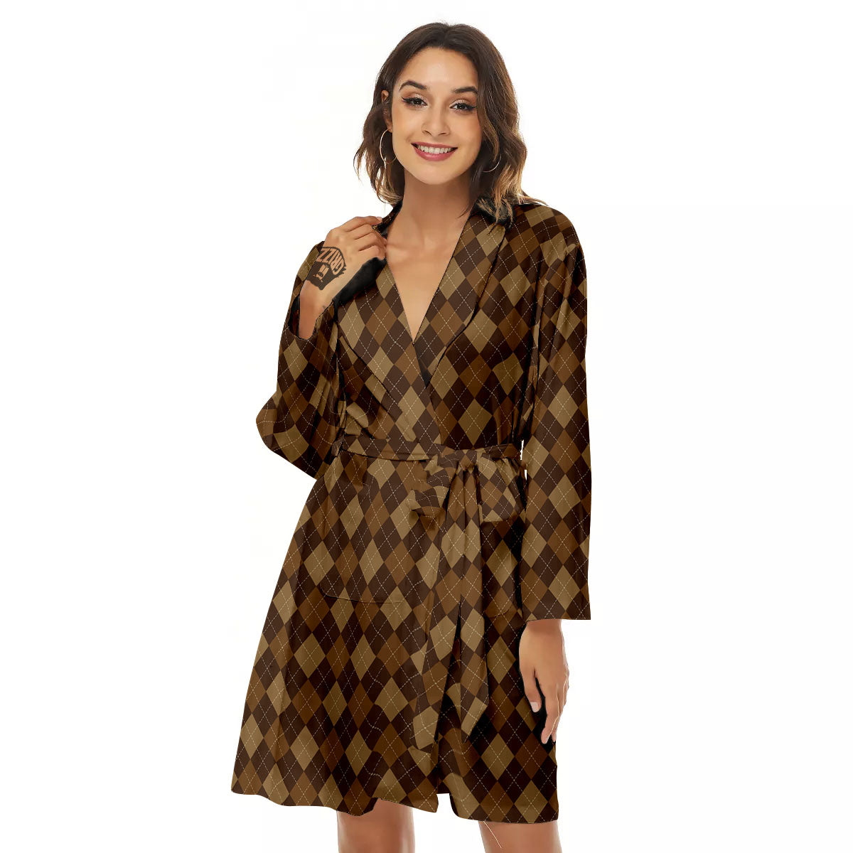 Argyle Brown Print Pattern Women's Robe-grizzshop