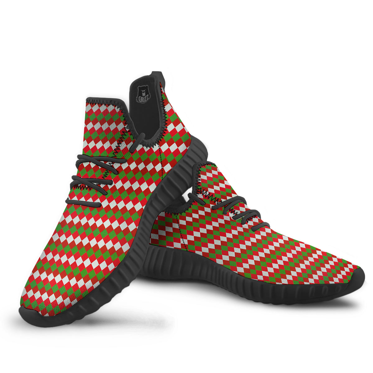 Argyle Christmas Themed Print Pattern Black Walking Shoes-grizzshop