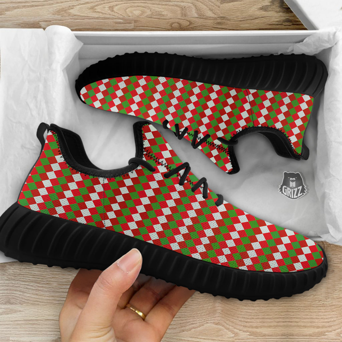 Argyle Christmas Themed Print Pattern Black Walking Shoes-grizzshop