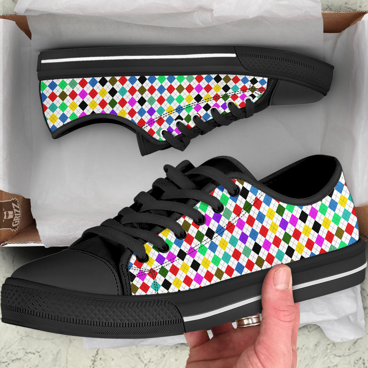 Argyle Colorful Print Pattern Black Low Top Shoes-grizzshop