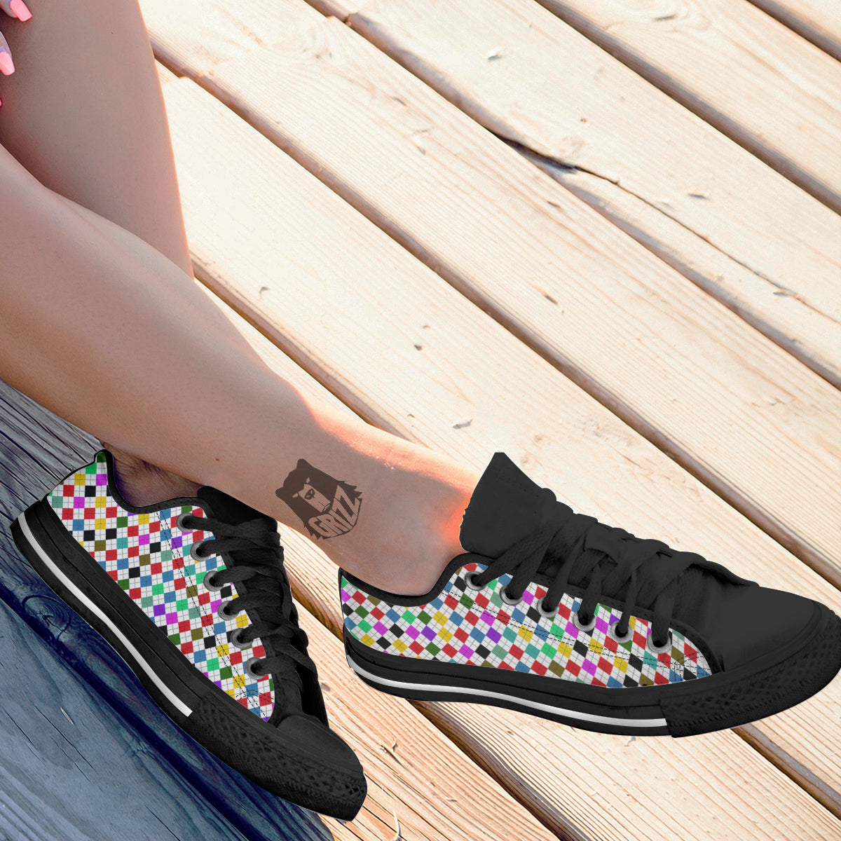 Argyle Colorful Print Pattern Black Low Top Shoes-grizzshop