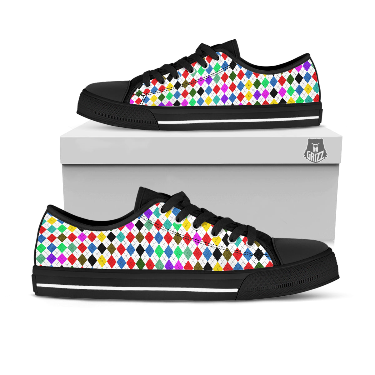Argyle Colorful Print Pattern Black Low Top Shoes-grizzshop