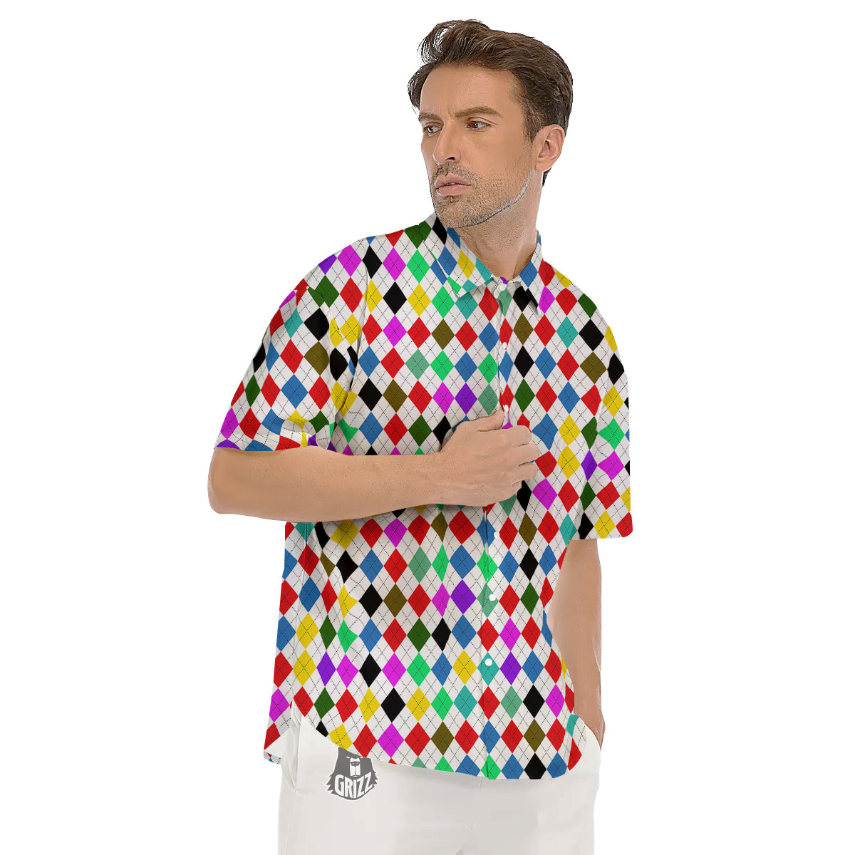 Argyle Colorful Print Pattern Men's Short Sleeve Shirts-grizzshop