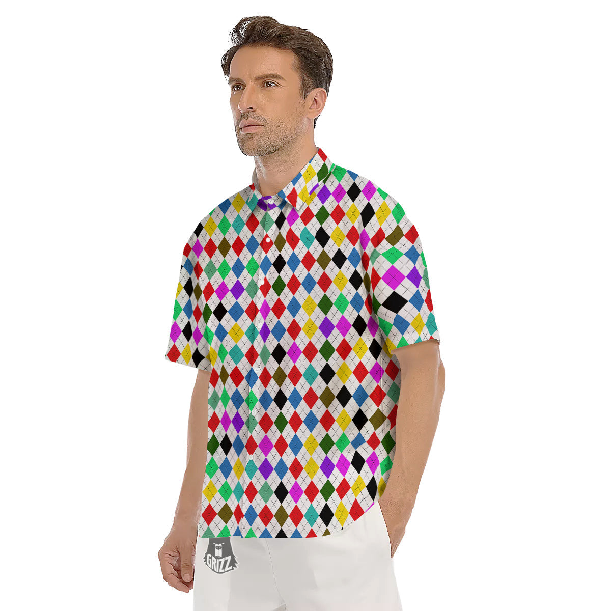 Argyle Colorful Print Pattern Men's Short Sleeve Shirts-grizzshop