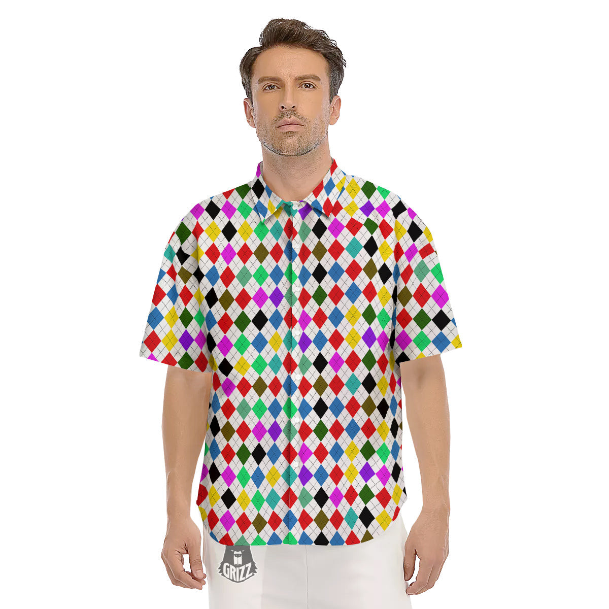 Argyle Colorful Print Pattern Men's Short Sleeve Shirts-grizzshop
