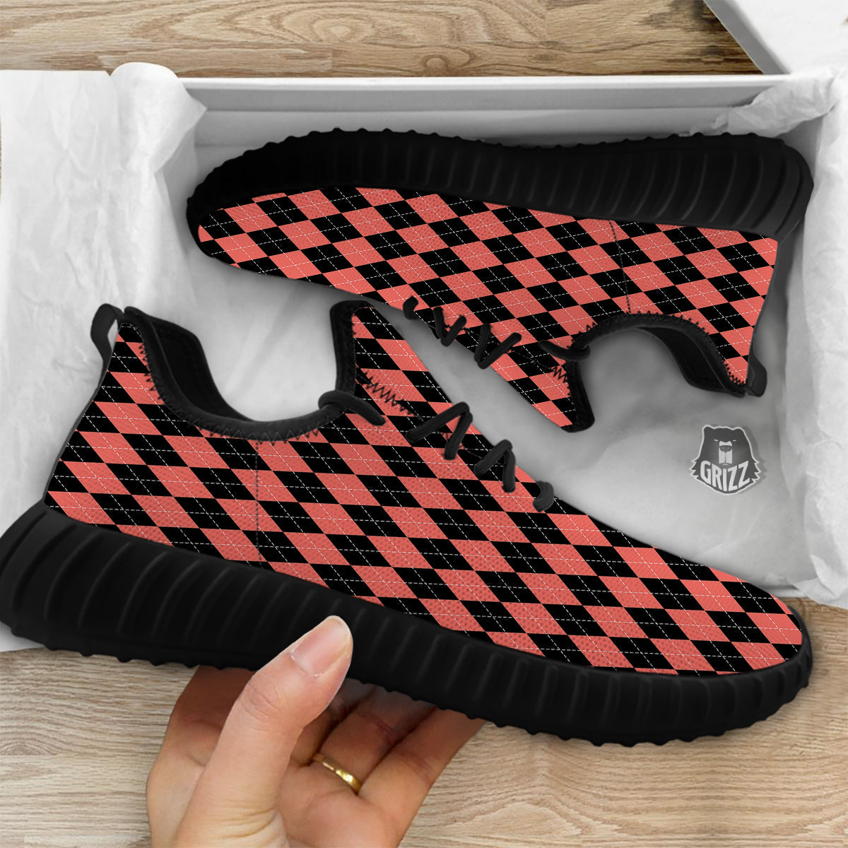 Argyle Coral And Black Print Pattern Black Walking Shoes-grizzshop