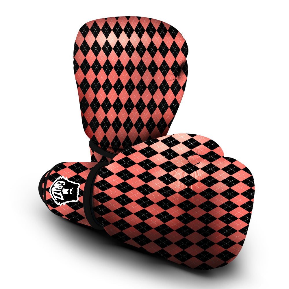 Argyle Coral And Black Print Pattern Boxing Gloves-grizzshop