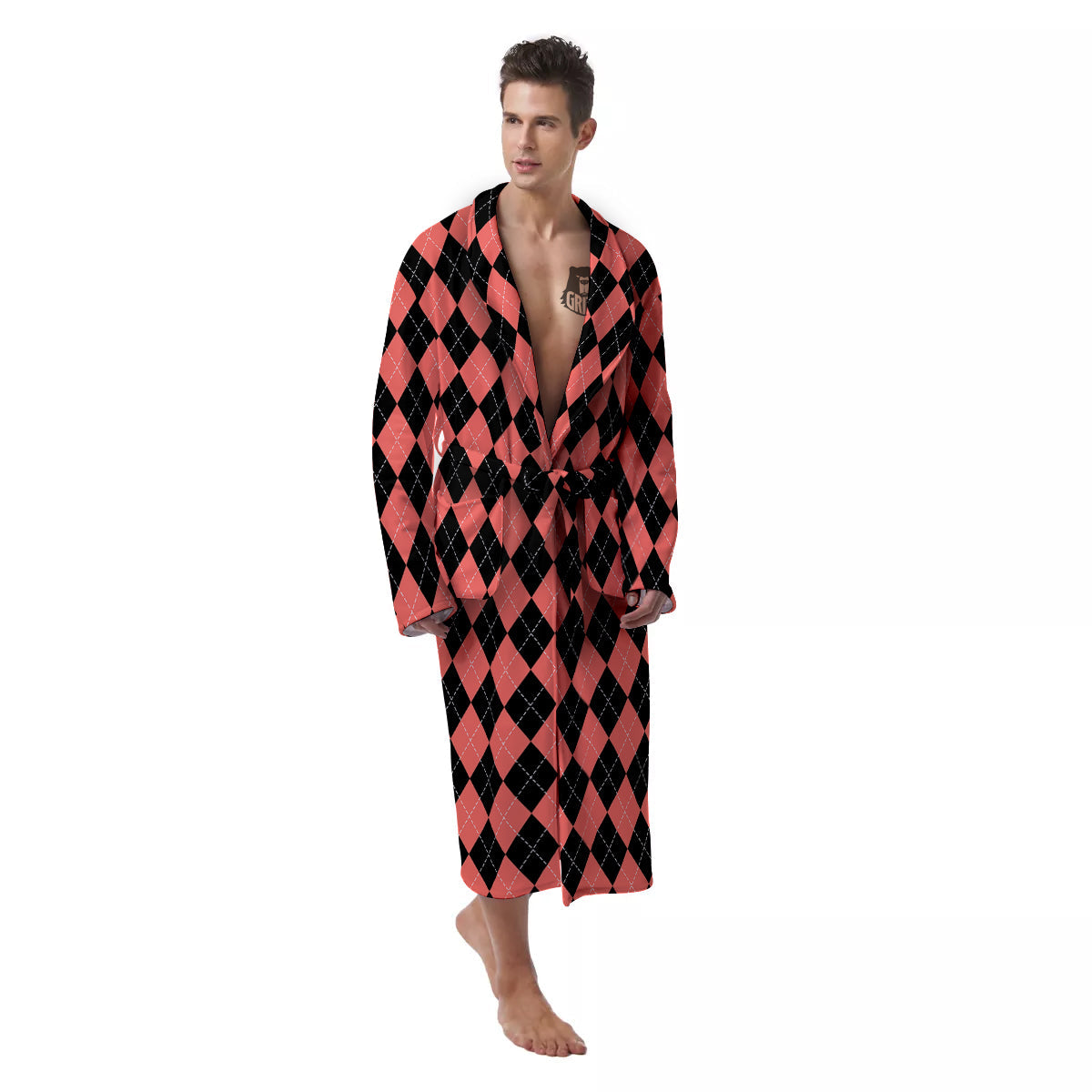 Argyle Coral And Black Print Pattern Men's Robe-grizzshop