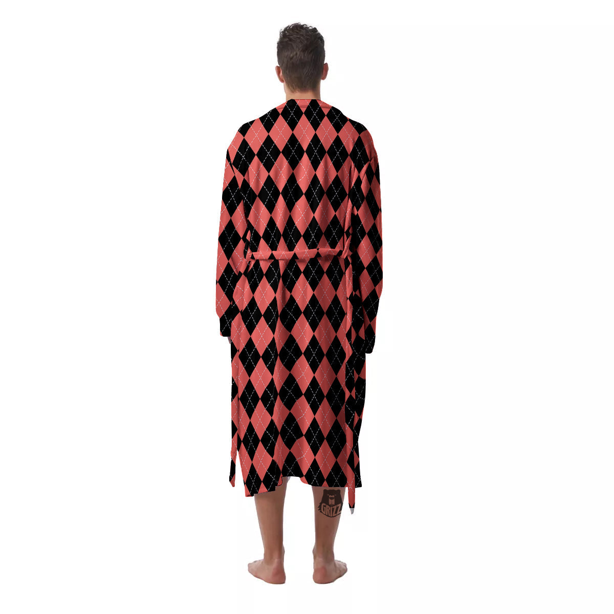 Argyle Coral And Black Print Pattern Men's Robe-grizzshop