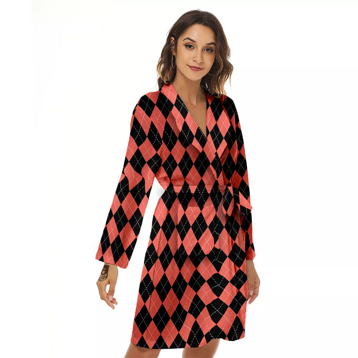 Argyle Coral And Black Print Pattern Women's Robe-grizzshop
