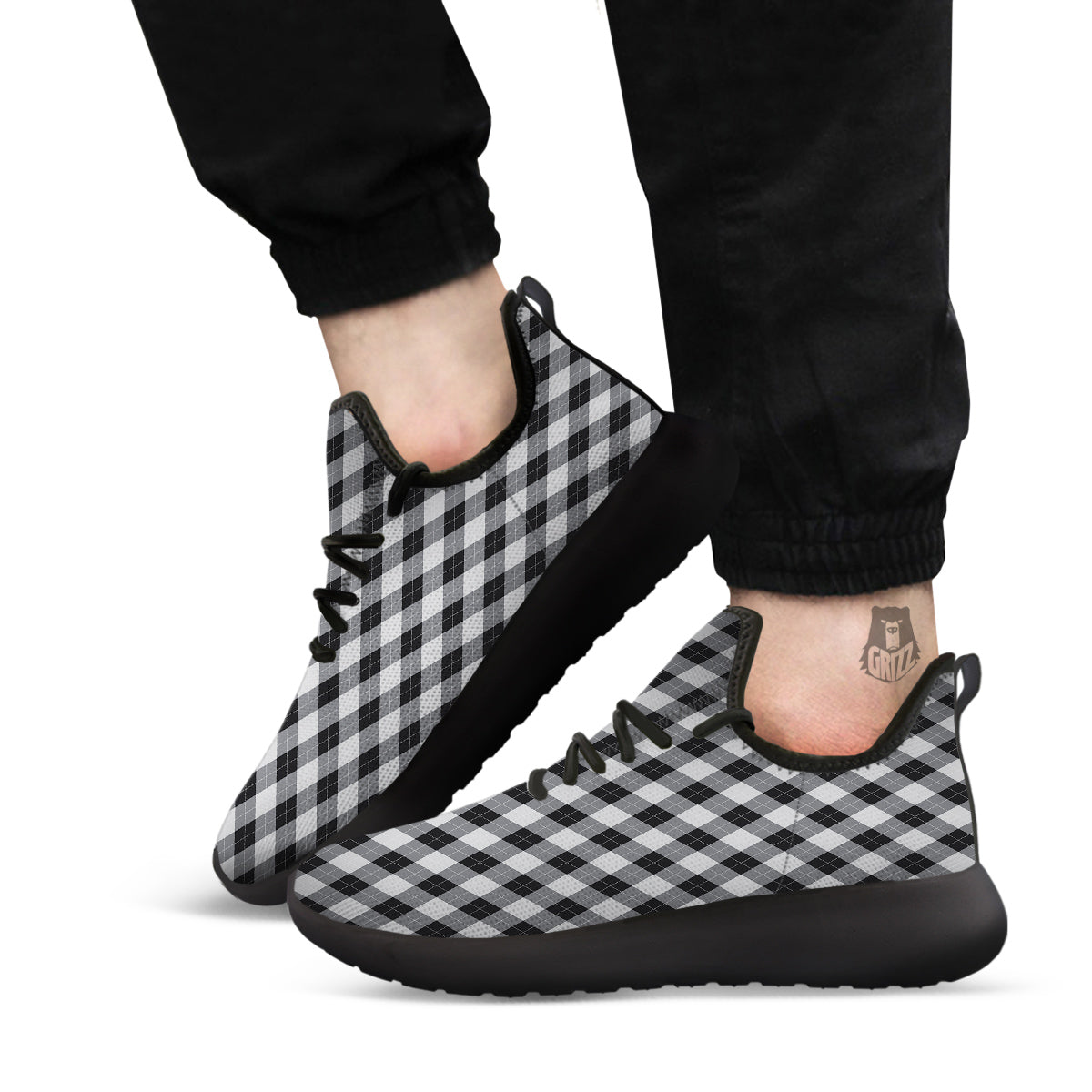 Argyle Dark Grey Print Pattern Black Athletic Shoes-grizzshop