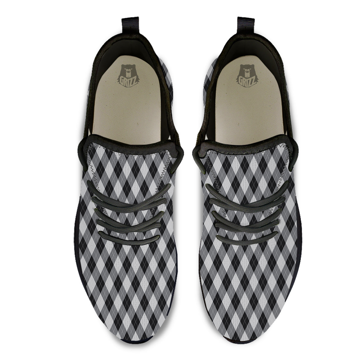 Argyle Dark Grey Print Pattern Black Athletic Shoes-grizzshop